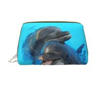Smiling Face Dolphins Leather Handheld Zipper Makeup Bag Organizer Wallet Large Capacity Travel Makeup Bag Toiletries