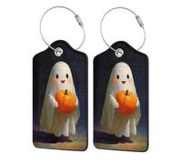 Smiling Ghost Holding A Halloween Pumpkin Luggage Tag for Suitcase 2 Pack Leather Luggage Tag with Privacy Flap Name Id Label and Metal Loop for Women Men Travel