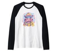 Smiling Hippo Animal Lover Winter Floral Scarf Graphic with Raglan Baseball Tee