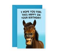 Smiling Horse Birthday Card - Feel this Happy - Cute Greetings for Him, Her, Ladies, Friends, Bestie, BFF, Son, Daughter, Niece, Nephew, Girlfriend, Fiance, Wife, Colleagues - Comes with Fun Stickers