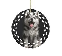 Smiling Little Dog Ceramic Christmas Ornaments 3 Inch Round Double-Sided Xmas Tree Decorations Pendant with Gold Ribbon for Home Holiday Decor, Gift for Family & Friends