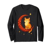 Smiling Orange Cat Sitting on Crescent Moon Night Art Design Long Sleeve T-Shirt