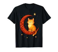 Smiling Orange Cat Sitting on Crescent Moon Night Art Design T-Shirt
