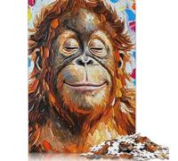 Smiling Orangutan Portrait Painting Puzzle 100% Recycled Cardboard Paper Rectangular Jigsaw Puzzle for Adult Children Easter Gift 500pcs (52x38cm)