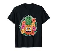 Smiling Pineapple with Hibiscus Flowers Tropical T-Shirt