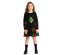 SMILING PINKER Girls Christmas Jumper Xmas Tree Reindeer Knitted Long Sleeve Sequin Party Dress Round Neck (9-10 Years, Black Beaded)