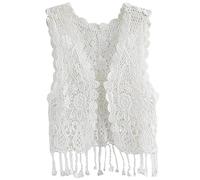 SMILING PINKER Girls Crochet Vest Kids Open Front Knitted Sleeveless Cardigan with Fringe(White,Medium)