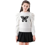 SMILING PINKER Girls Jumper Sweater Knit Butterfly Camellia Pullover Puff Sleeves Crop Top(White,10-11 Years)