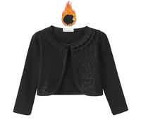 SMILING PINKER Girls Lace Cardigan Shrug Fall Winter Fleece Lining Bolero Long Sleeve Button Crop Top(Black Fleece,9-10 Years)