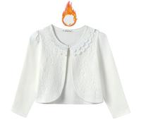 SMILING PINKER Girls Lace Cardigan Shrug Fall Winter Fleece Lining Bolero Long Sleeve Button Crop Top(Ivory Fleece,10-11 Years)