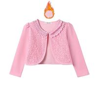 SMILING PINKER Girls Lace Cardigan Shrug Fall Winter Fleece Lining Bolero Long Sleeve Button Crop Top(Pink Fleece,3-4 Years)