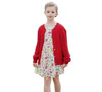 SMILING PINKER Little Girls Boys Aran Cardigan Toddler Cable Knitted Crew Neck Button Up Chunky Sweater Jacket(Red,7-8Years)