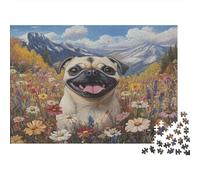 Smiling Pug Jigsaw Puzzles for Adults And Kids. 1000 Pieces Flower Fields in The Alps Whimsical Challenge Toy Educational Game Home Decor 38x26cm/1000pcs