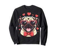 Smiling Pug Wearing Heart-Shaped Sunglasses And Red Bow Tie Sweatshirt
