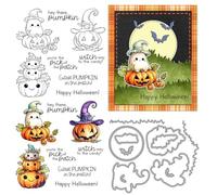 Smiling Pumpkin Stamps and Die Cuts for Card Making Halloween Magic Hat Transparent Silicone Clear Stamp and Metal Cutting Dies Sets for DIY Scrapbooking Paper Crafting Seals Decorative Supplies