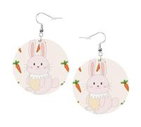 Smiling Rabbit Prints Leather Round Earrings Pendant Stylish And Light Lightweight Dangle For Women Girls, One Size, Leather, No Gemstone