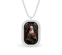 Smiling Santa Claus Wreath Holly Leaves Berries Rectangle Pendant Necklace Silver Women Jewelry Alloy Keychain Tag Jewelry
