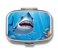 Smiling Shark Pill Box 2 Compartment, Portable Pill Case with Mirror for Pocket Purse Travel, Mini Metal Medicine Organizer for Vitamins Fish Oil