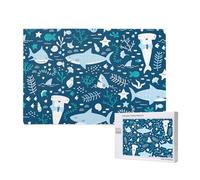 Smiling Shark Sea Animals Fishes Starfish Blue,1000 Pieces Wooden Jigsaw Family Game Jigsaw Puzzles for Adults Teens Home Decor
