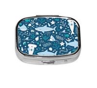 Smiling Shark Sea Animals Fishes Starfish Blue,Meta Pill Box 2 Compartment Medicine Case,Portable Organizer,Rectangle Meta Portable Organizer Pill Box 2386 Compartment Medicine Case