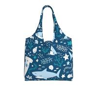 Smiling Shark Sea Animals Fishes Starfish Blue,Reusable Tote Bags Grocery Bags Large Capacity Canvas Shopping Shoulder bag