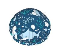 Smiling Shark Sea Animals Fishes Starfish Blue,Shower Cap Nightcap Double Layer Waterproof Elastic Bath Cap Reusable Hair Cap