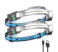 Smiling Shark TS-2 Headlamp, Dual Spotlight with Floodlight & Strobe LED Head Torch Rechargeable 2400mAh Long-Lasting with Motion Sensor Hands-Free Design for Camping Hiking Running Jogging (2 Pack)