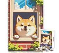 Smiling Shiba Inu in Window Jigsaw Puzzles 1000 Pieces for Teenagers Cognitive Development Fun Game Special Thoughtful Celebration Present Size 50x75cm