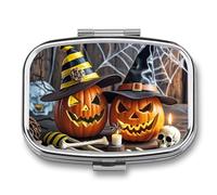 Smiling Strange Pumpkin Pill Case for Travel, Rectangle Metal Pill Organizer with 2 Compartments, Portable Daily Medicine Box for Purse, Wallet