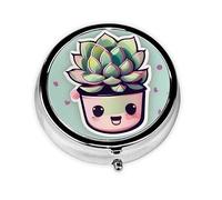 Smiling Succulents Round Mini Pill Box, 3 Compartment Pill Box, Portable Pill Box, can be Put into Wallet, Pocket, Light and Convenient