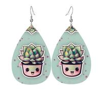 Smiling Succulents Women's Teardrop Leather Earrings, Hook 925 Silver Plated, Holiday Accessories