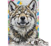Smiling Wolf Portrait with Colorful Background Puzzle Premium 100% Recycled Board Paper Rectangular Jigsaw Puzzle for Boy Or Girl 1000pcs (75x50cm)