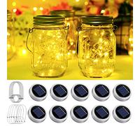 SmilingTown Solar Mason Jar Lights 10 Pack 20 LED Waterproof Outdoor Fairy Firefly String Light Lids with 10 Hangers Rust Resist for Patio Lawn Garden Wedding Lantern Decor No Jars (Warm White)