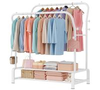 SMILOVII Clothes Rail Heavy Duty, Free Standing Clothing rail with Hanging Rails、Shoe Storage & 8 Hooks, Sturdy Metal Double Clothes rail, Perfect clothes rails for bedroom - White