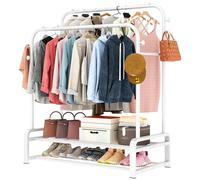 SMILOVII Heavy Duty Clothes Rail, Double Rails Garment Rack, Metal Clothes Rack, 2-Tier Shoe Rack and 8 Hanging Hooks, Free Standing Hanging Storage Shelf for Bedroom-White