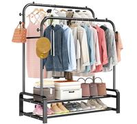 SMILOVII Metal Clothes Rail, Double Clothing Rail, Heavy Duty Clothes Rack, 8 Hanging Hooks and 2-Tier Shoe Rack, Free Standing Rails to Hang Clothes for Bedroom-Black