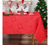 smiry Christmas Table Cloth Wipe Clean 140x220 cm, Xmas Wipeable Rectangle Polyester Tablecloth with Holy Leaves, Fabric Washable Table Cover for Dining Party and Festival, Red