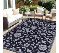 smiry Outdoor Rug Waterproof Garden Rugs UV-Resistant Outside Patio Carpet Reversible Plastic Straw Mat for Balcony, Camping, Picnic, Backyard- 150 x 240 cm, Black & Grey - Flower