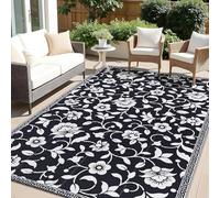 smiry Outdoor Rug Waterproof Garden Rugs UV-Resistant Outside Patio Carpet Reversible Plastic Straw Mat for Balcony, Camping, Picnic, Backyard- 150 x 240 cm, Black & White - Flower