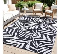 smiry Outdoor Rug Waterproof Garden Rugs UV-Resistant Outside Patio Carpet Reversible Plastic Straw Mat for Balcony, Camping, Picnic, Backyard- 120 x 180 cm, Black & White - Leaf