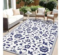 smiry Outdoor Rug Waterproof Garden Rugs UV-Resistant Outside Patio Carpet Reversible Plastic Straw Mat for Balcony, Camping, Picnic, Backyard- 150 x 240 cm, Navy Blue & White - Flower