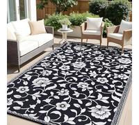 smiry Outdoor Rug Waterproof Large Garden Rugs UV-Resistant Outside Patio Carpet Reversible Plastic Straw Mat for Balcony, Camping, Picnic, Backyard- 240 x 300 cm, Black & White - Flower