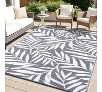 smiry Outdoor Rug Waterproof Large Garden Rugs UV-Resistant Outside Patio Carpet Reversible Plastic Straw Mat for Balcony, Camping, Picnic, Backyard- 240 x 300 cm, Grey & White - Leaf