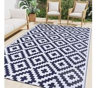 smiry Outdoor Rug Waterproof Large Garden Rugs UV-Resistant Outside Patio Carpet Reversible Plastic Straw Mat for Balcony, Camping, Picnic, Backyard - 240 x 300 cm, Navy Blue & White