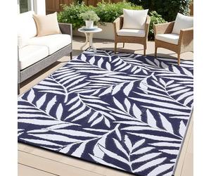 smiry Outdoor Rug Waterproof Large Garden Rugs UV-Resistant Outside Patio Carpet Reversible Plastic Straw Mat for Balcony, Camping, Picnic, Backyard- 240 x 300 cm, Navy Blue & White - Leaf