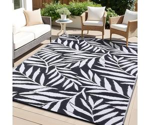 smiry Outdoor Rug Waterproof Large Garden Rugs UV-Resistant Outside Patio Carpet Reversible Plastic Straw Mat for Balcony, Camping, Picnic, Backyard- 240 x 300 cm, Black & White - Leaf