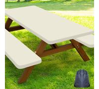 Smiry Picnic Table Cover with Bench Covers, Waterproof Elastic Fitted Polyester Tablecloths for 5 Ft Rectangle Tables, Washable Windproof Tablecloth for Camping, RV & Outdoor (Beige, 30x60 Inches)