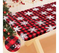Smiry Plastic Christmas Tablecloth, Buffalo Plaid Waterproof Elastic Fitted Table Covers, Wipeable Flannel Backed Vinyl Tablecloths for Dinner, and New Year Celebration (Black & Red, 30x96 Inches)