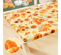 Smiry Plastic Thanksgiving Tablecloth, Sunflower & Pumpkin Wipeable Flannel Backed Vinyl Tablecloths for 6 Foot Tables, Waterproof Elastic Fitted Table Covers for Autumn Harvest (Gold, 30x72 Inches)