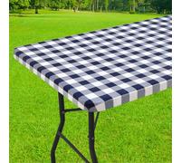 Smiry Rectangle Picnic Table Cloth, Elastic Waterproof Fitted Vinyl Tablecloths, Flannel Backed Buffalo Plaid Table Covers for Dining, Camping, Outdoor (White and Navy, 24" x 48")